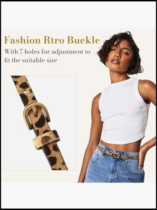 Calf Hair Animal Print Leather Belt for Women Skinny Waist Belt